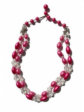 VINTAGE Fuchsia Pink Double-Strand Beaded Choker Necklace with Glass Crystals